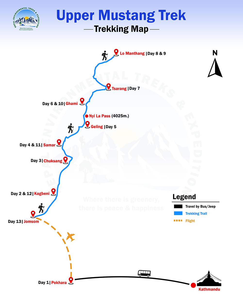 Upper Mustang Trek (15 days trek) route map